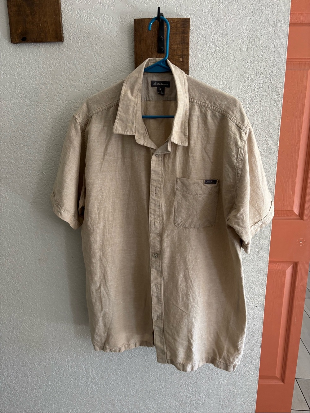Eddie Bauer Men’s Linen Short Sleeve Button-Down Shirt — Light Tan